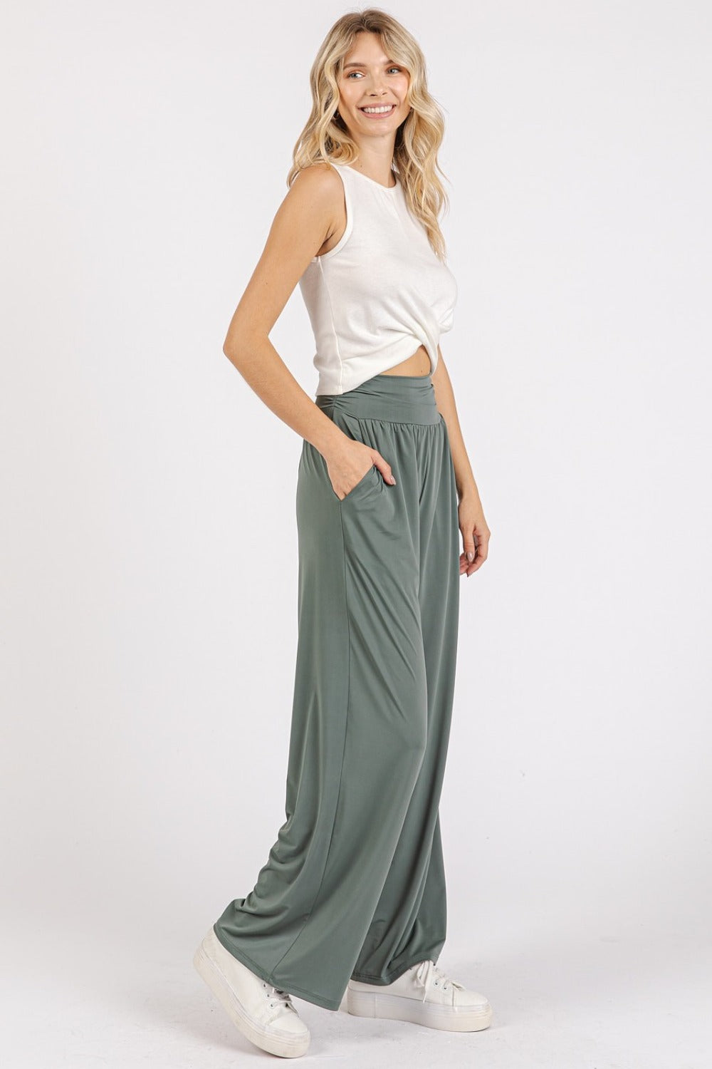 Mittoshop Stretch Banded Waist Wide Leg Pants with Pockets