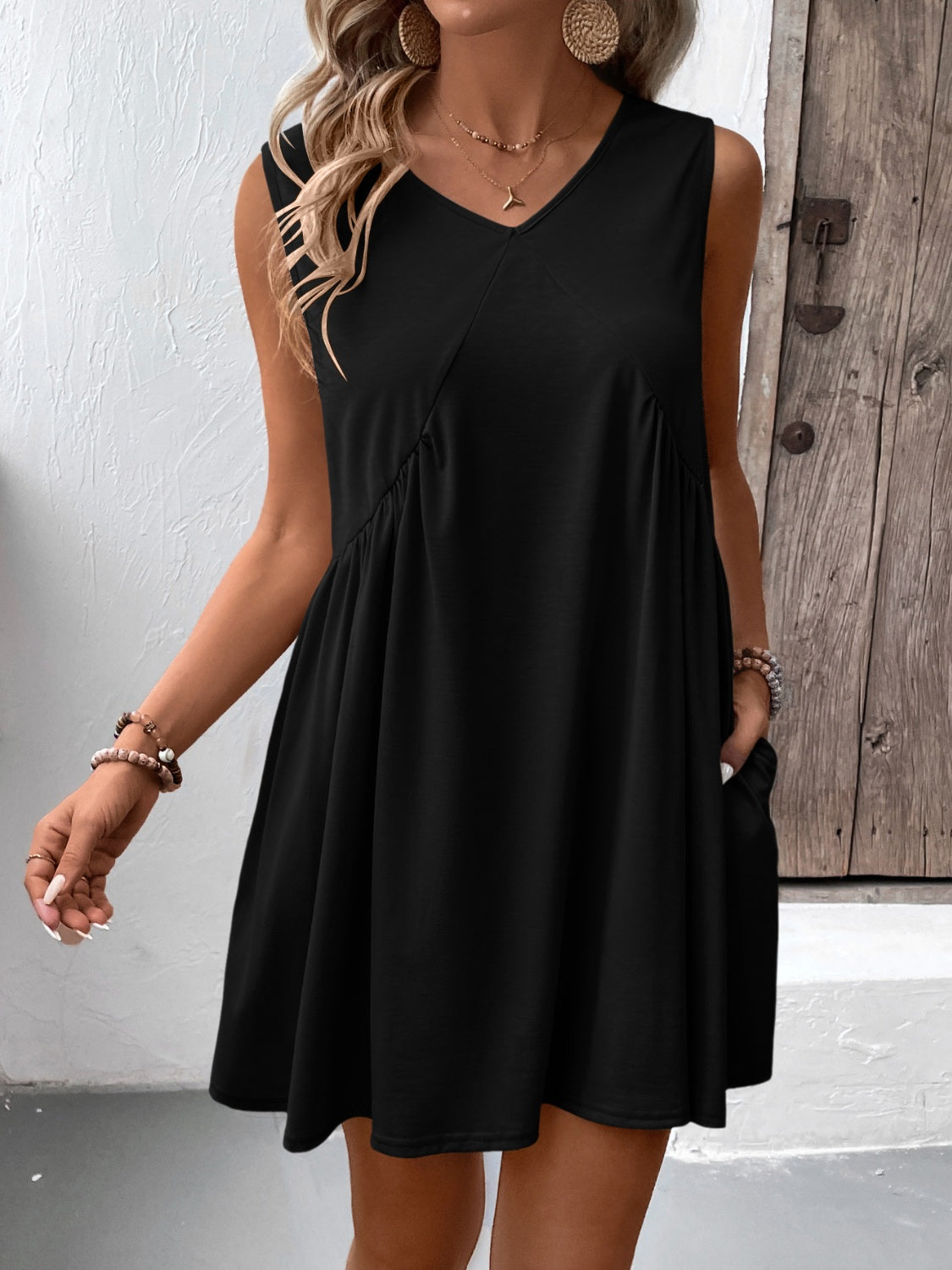 Ruched V-Neck Sleeveless Mini Dress