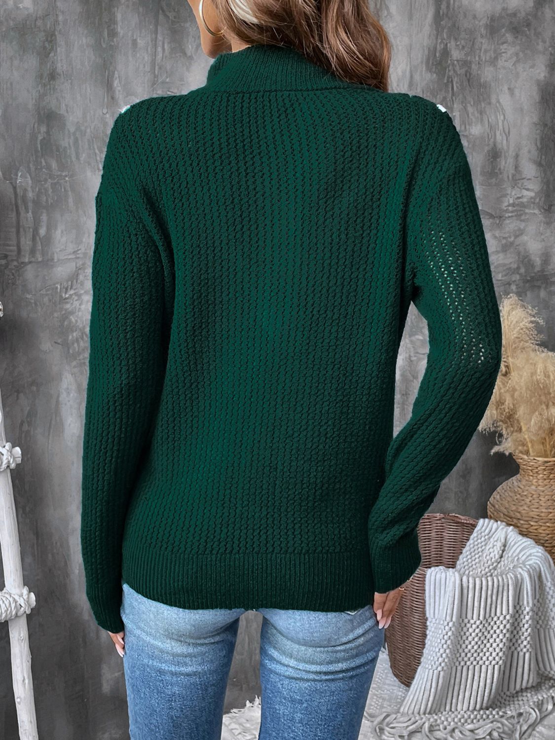 Perfee Contrast Half Zip Long Sleeve Sweater