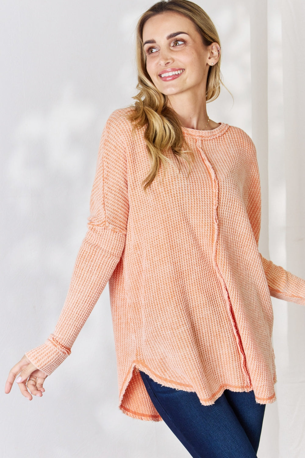 Zenana Oversized Washed Waffle Long Sleeve Top