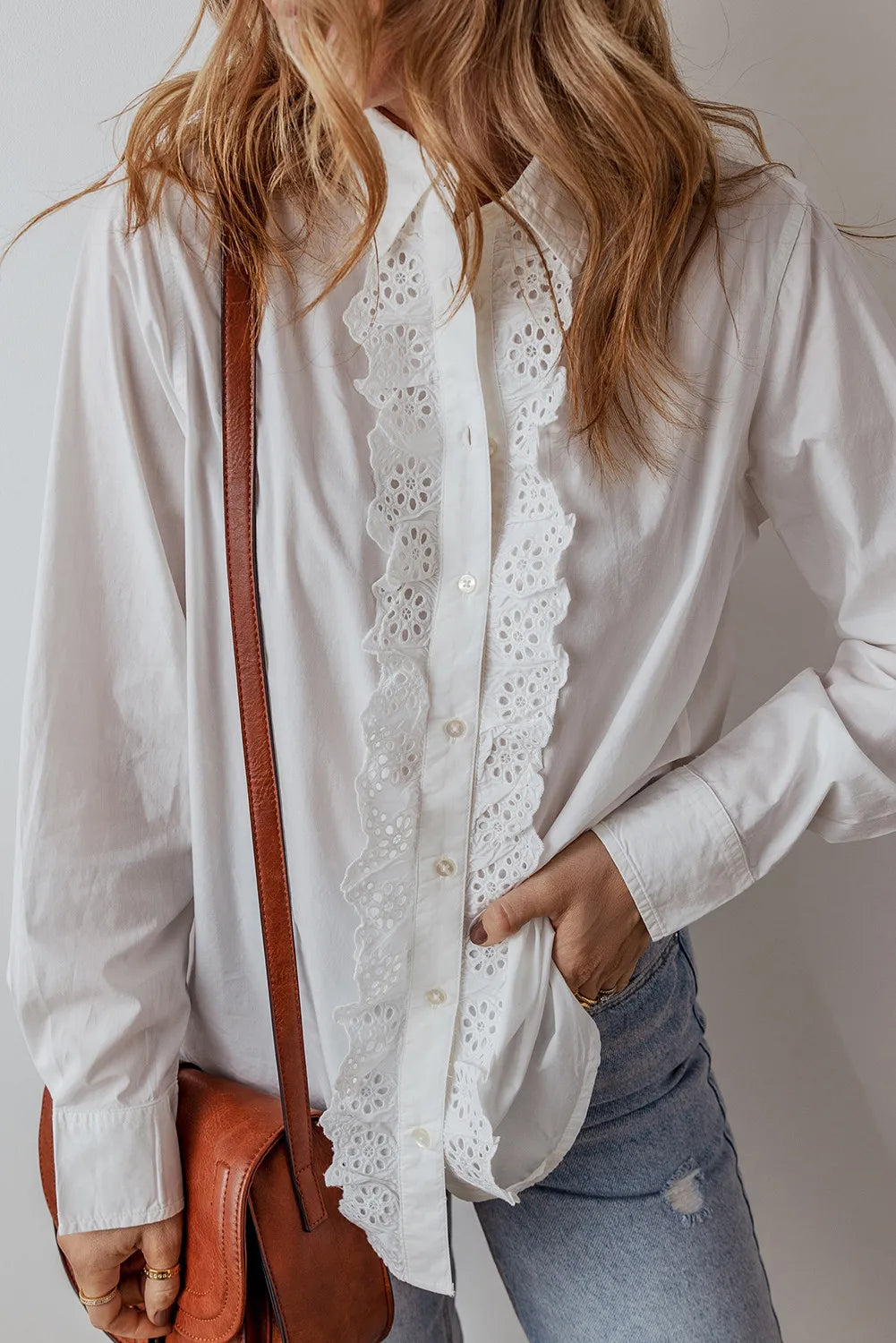 Eyelet Button Down Long Sleeve Shirt