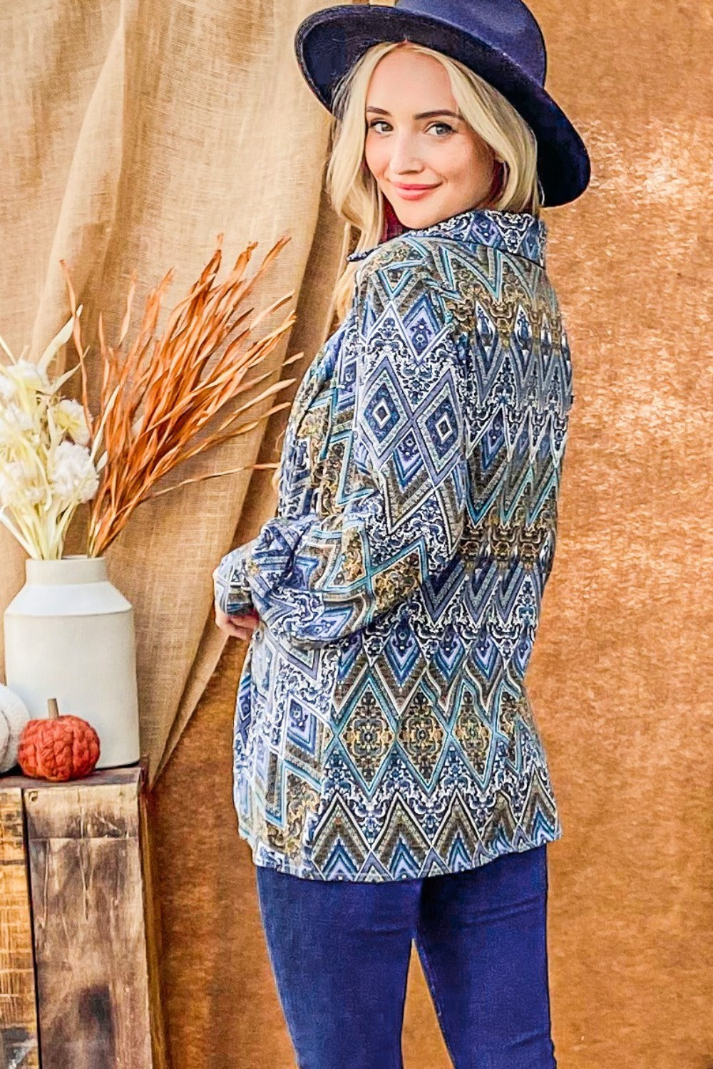 And The Why Print Twist Knot Long Sleeve Blouse