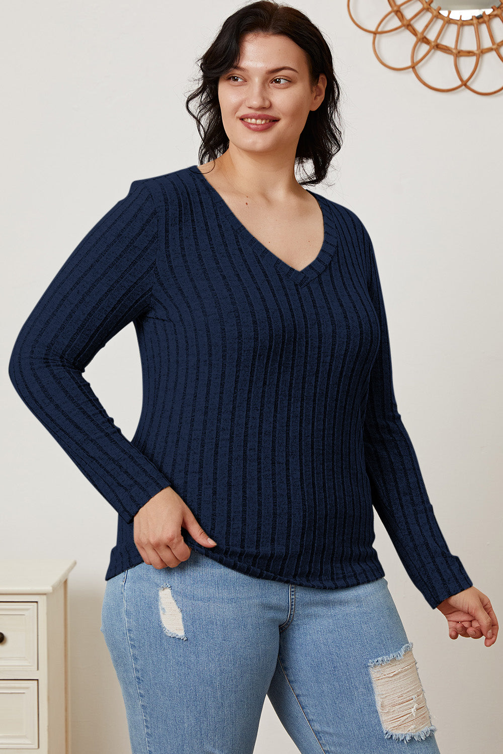 Basic Bae Full Size Ribbed V-Neck Long Sleeve T-Shirt