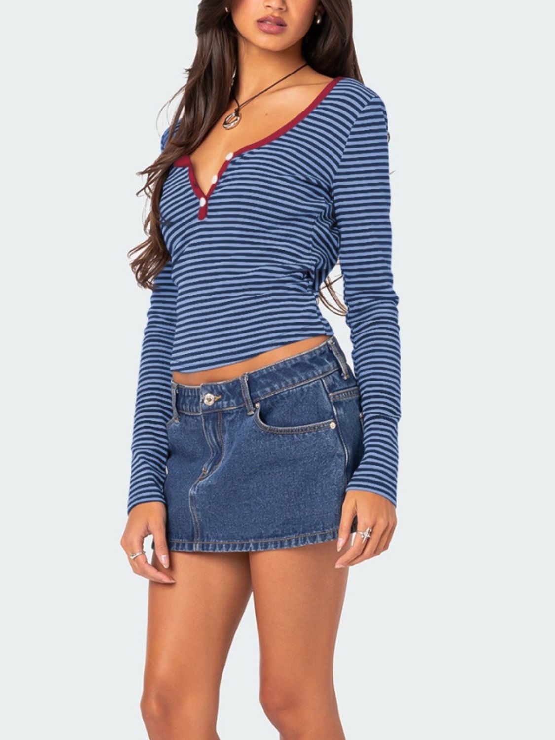 Buttoned Striped Long Sleeve T-Shirt