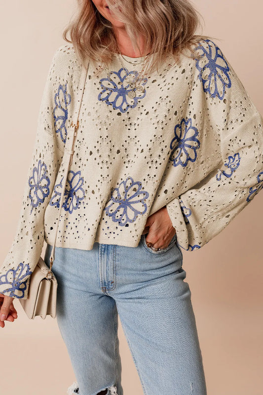 Openwork Round Neck Long Sleeve Knit Top