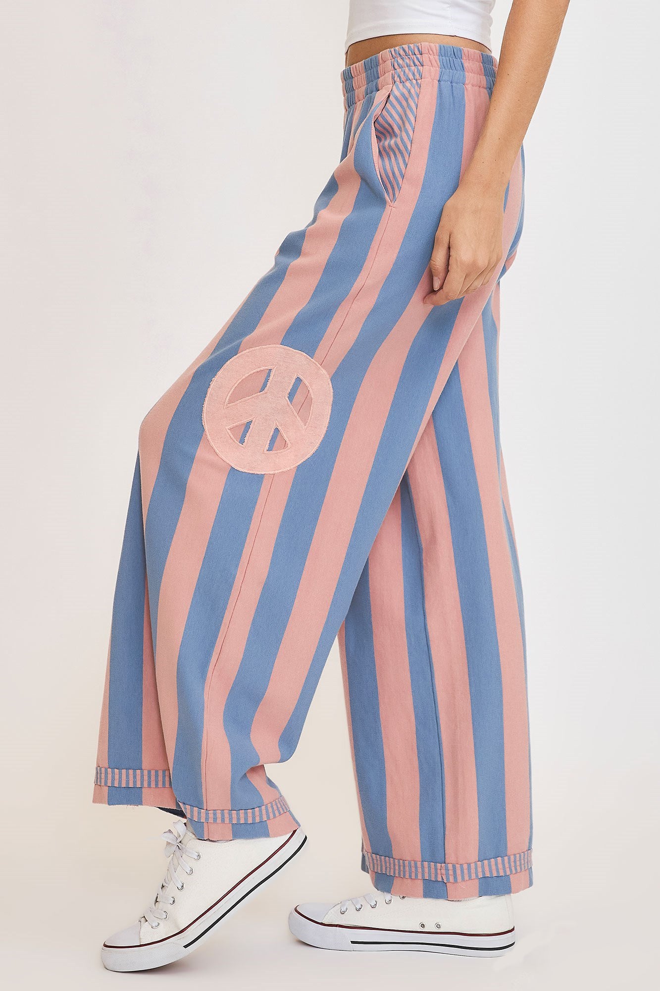 Umgee Peace Sign Patch Striped Wide Leg Pants