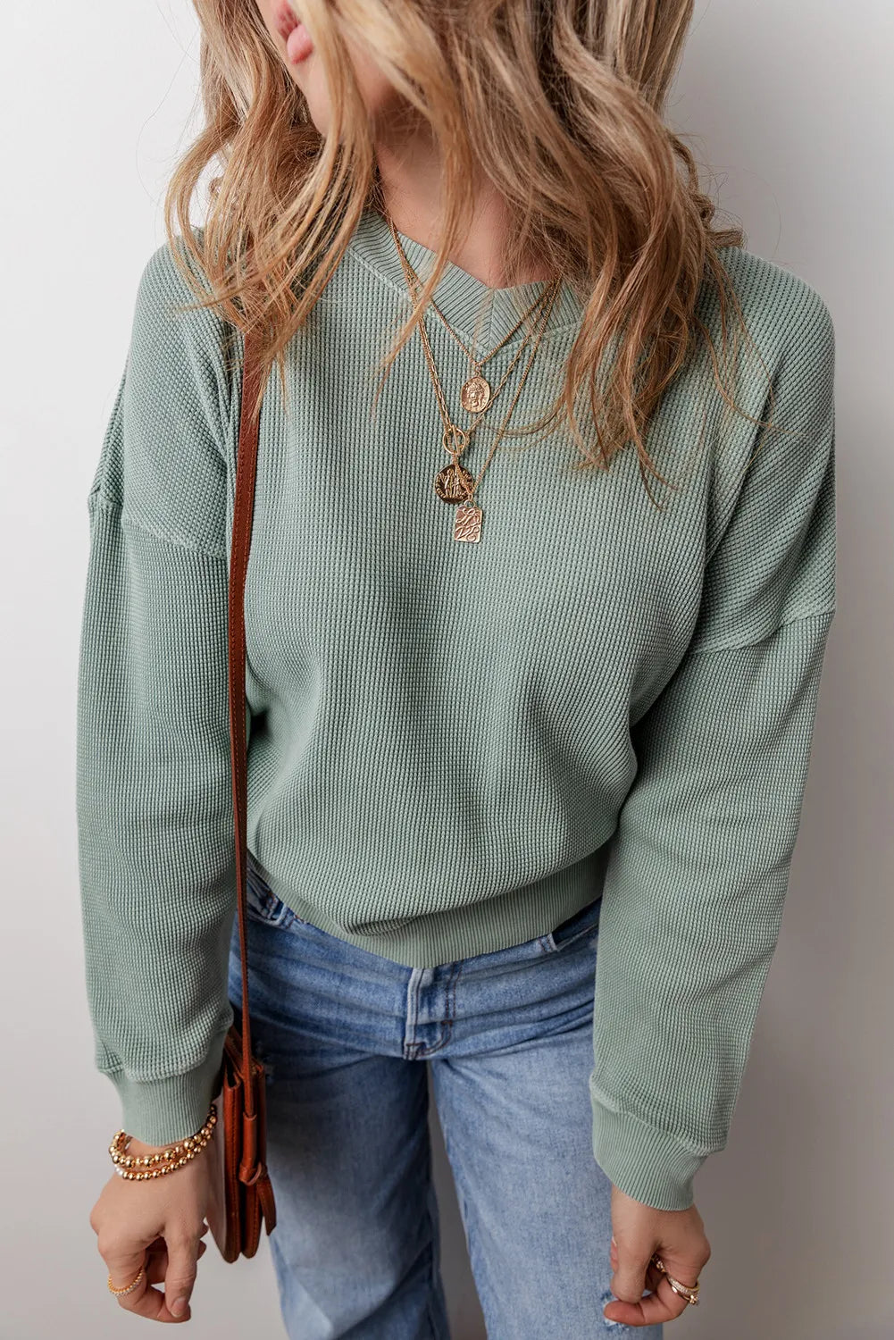 Waffle-Knit Long Sleeve Dropped Shoulder Top