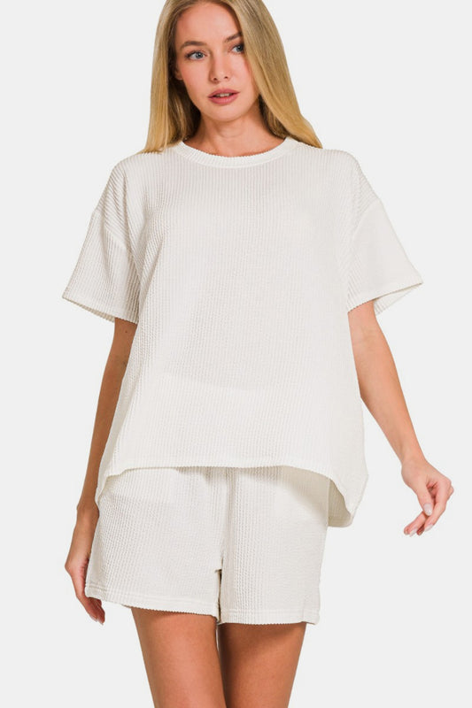 Zenana Rib Short Sleeve T-Shirt and Shorts Set