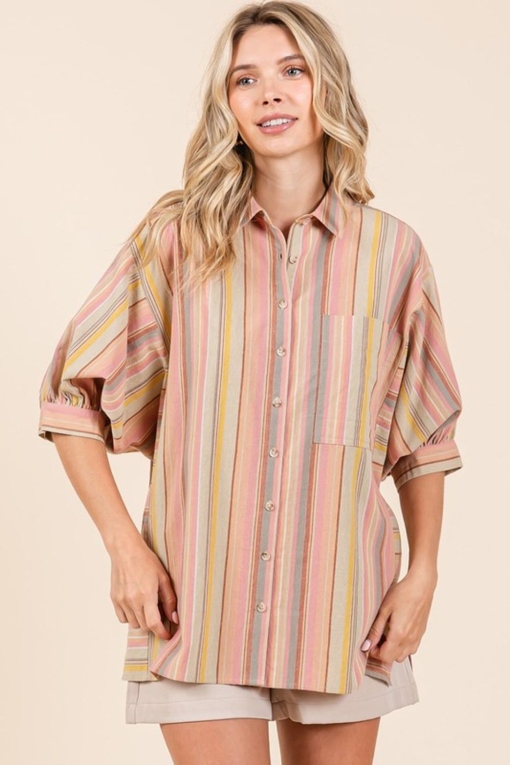 Mittoshop Striped Bubble Sleeve Button Down Shirt