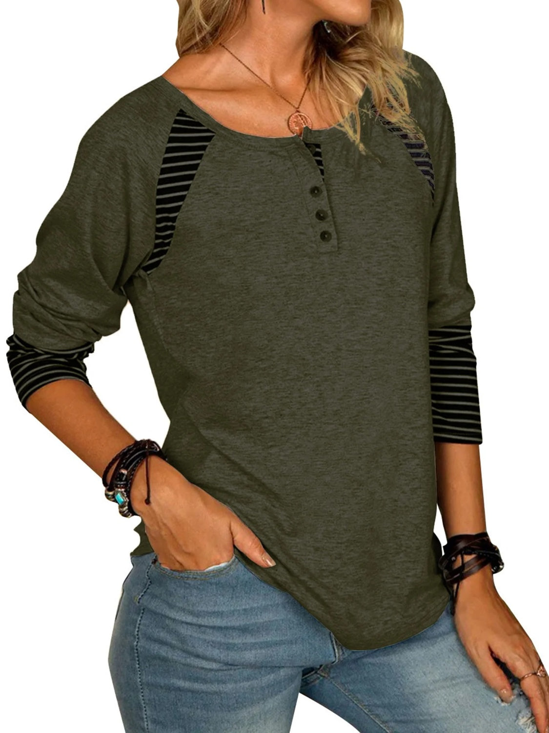 Full Size Striped Quarter Button Long Sleeve T-Shirt