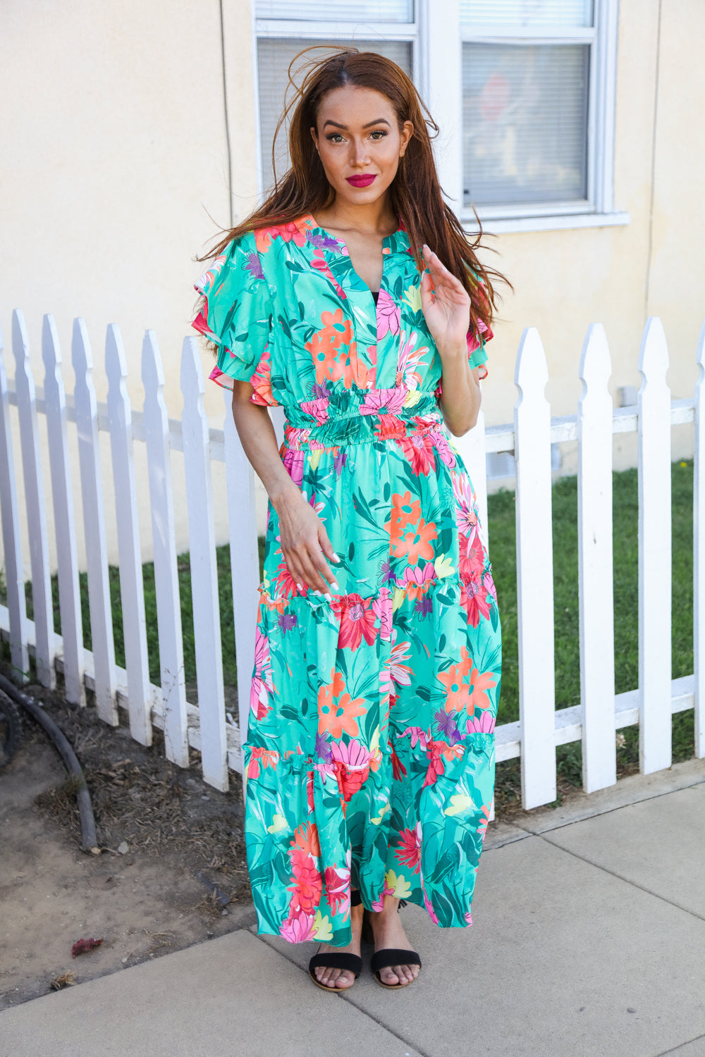 Hello Beautiful Multicolor Tropical Floral Smock Waist Maxi Dress