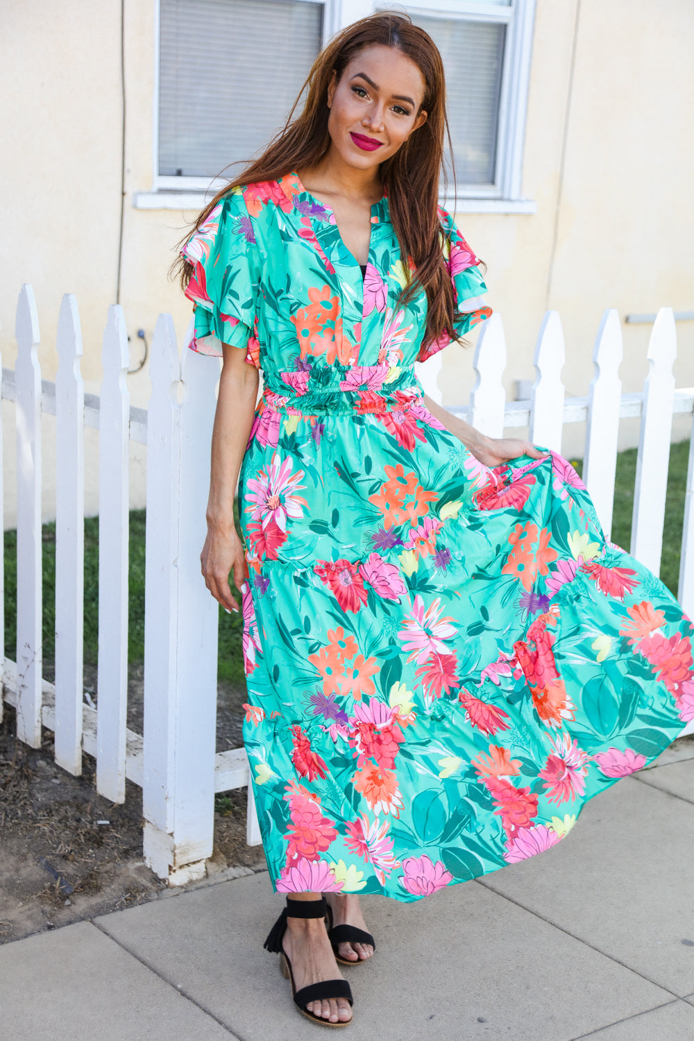 Hello Beautiful Multicolor Tropical Floral Smock Waist Maxi Dress