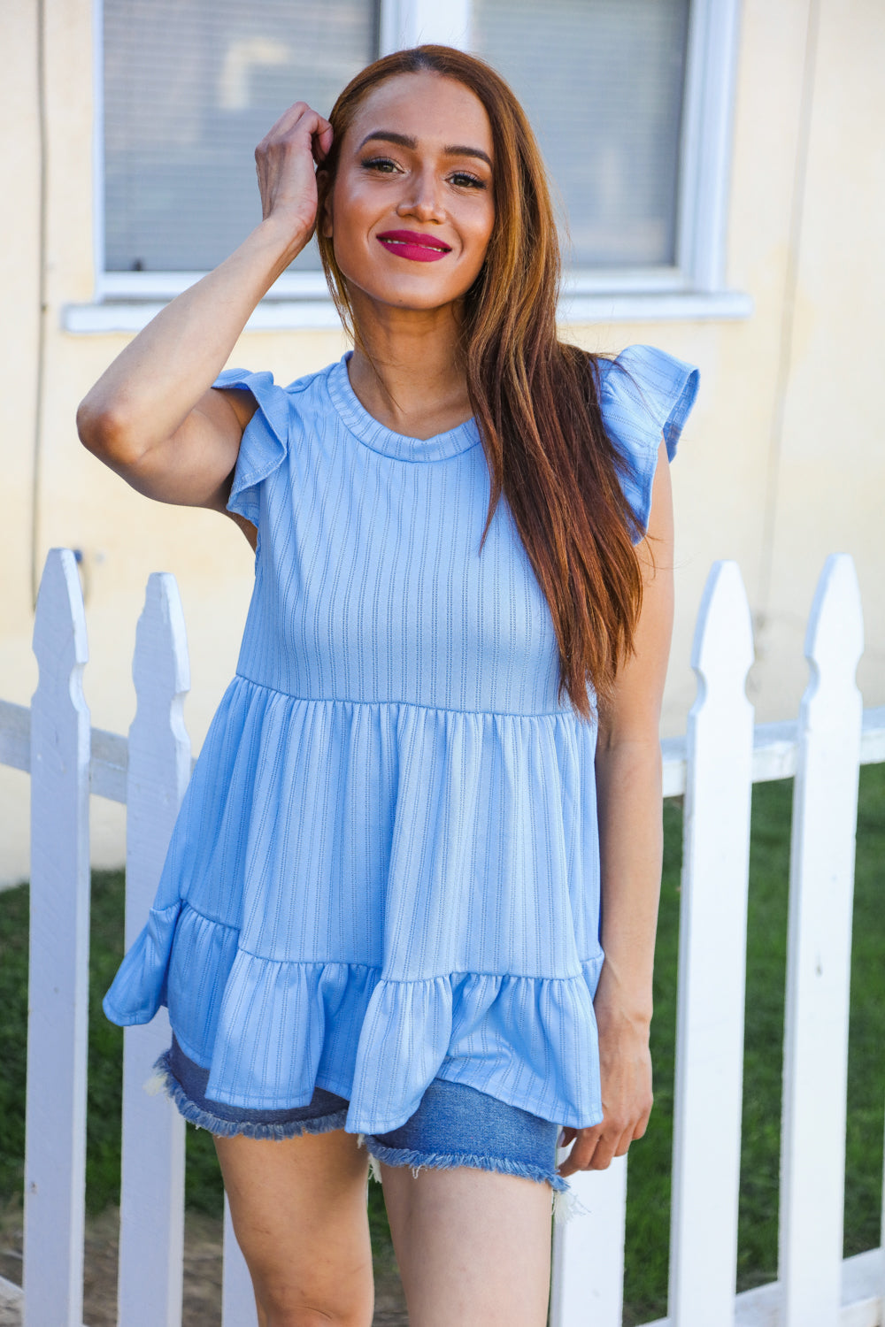 Blue Pointelle Babydoll Ruffle Flutter Sleeve Top