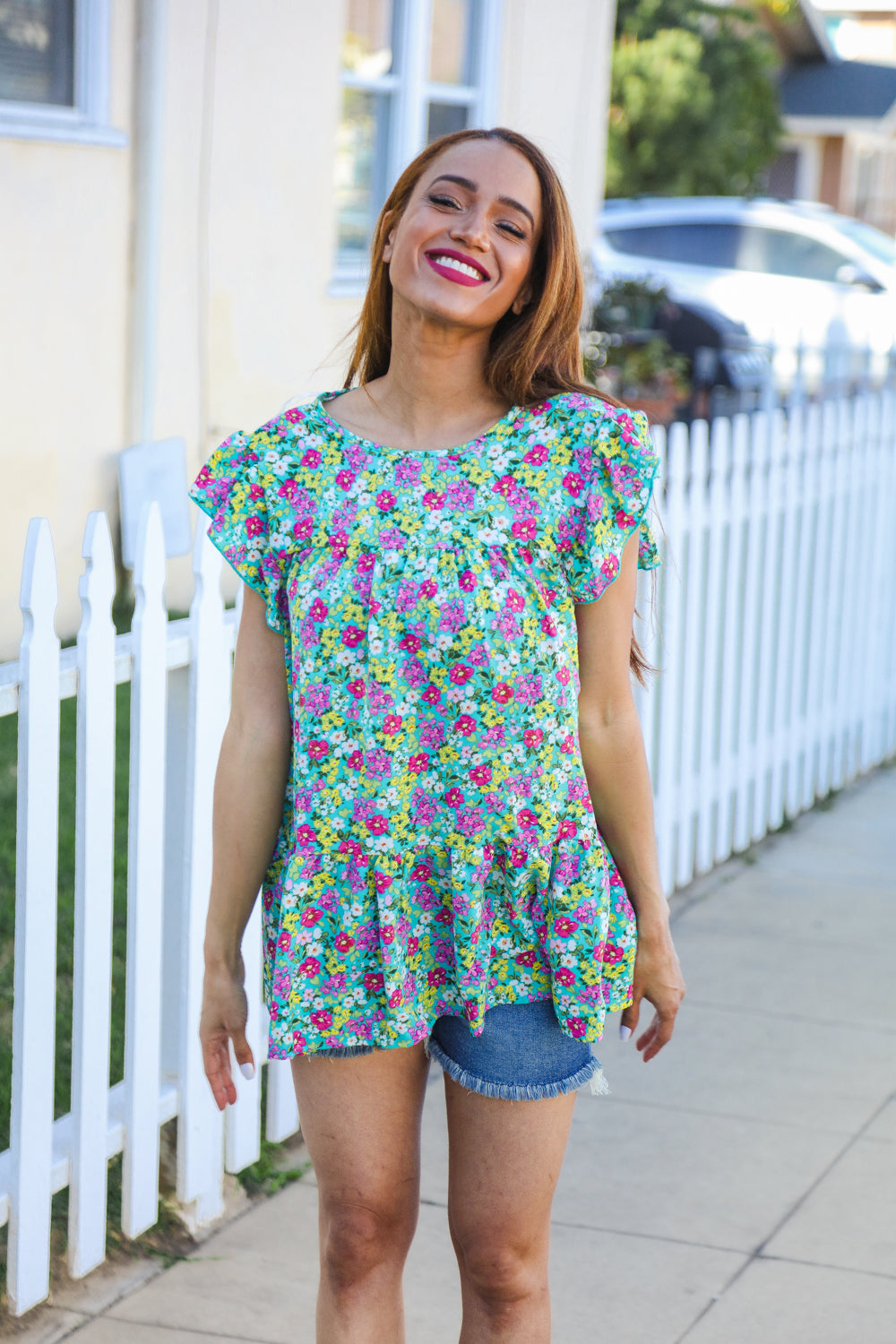 All For You Mint Floral Yoke Flutter Sleeve Keyhole Back Top