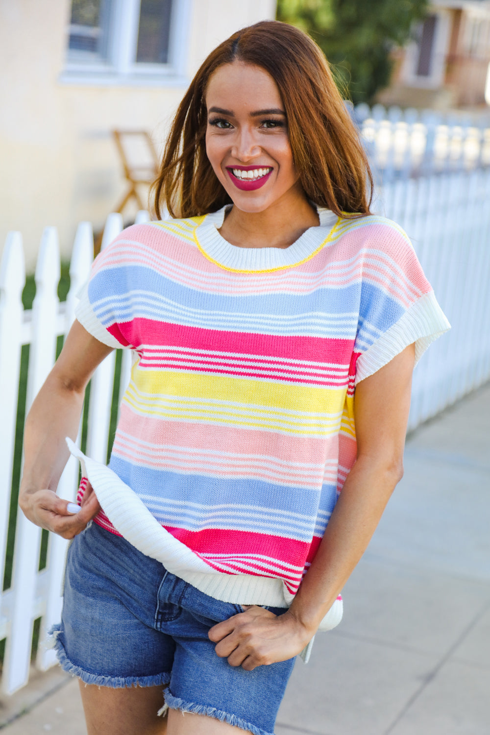 Feeling Playful Blue & Fuchsia Striped Short Dolman Sleeve Knit Top