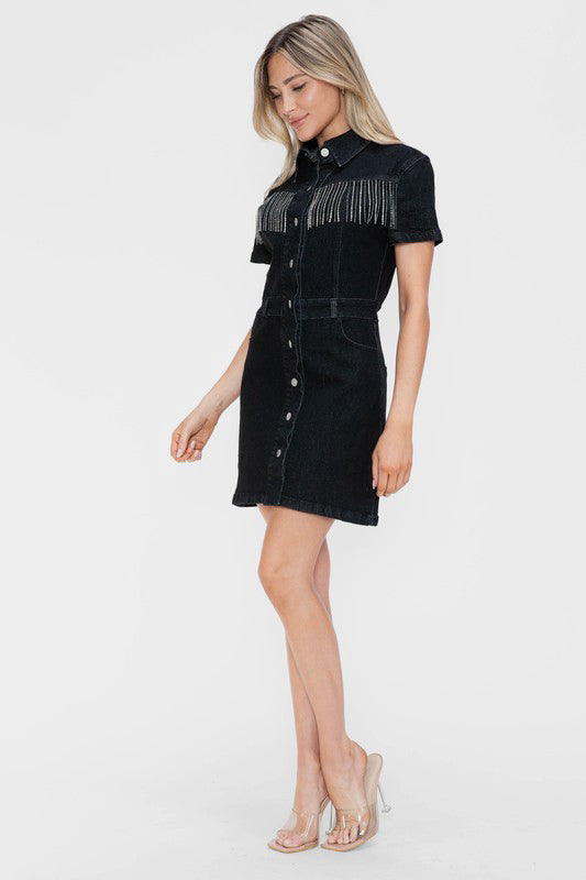 bytos Full Size Embellished Button Down Short Sleeve Denim Dress