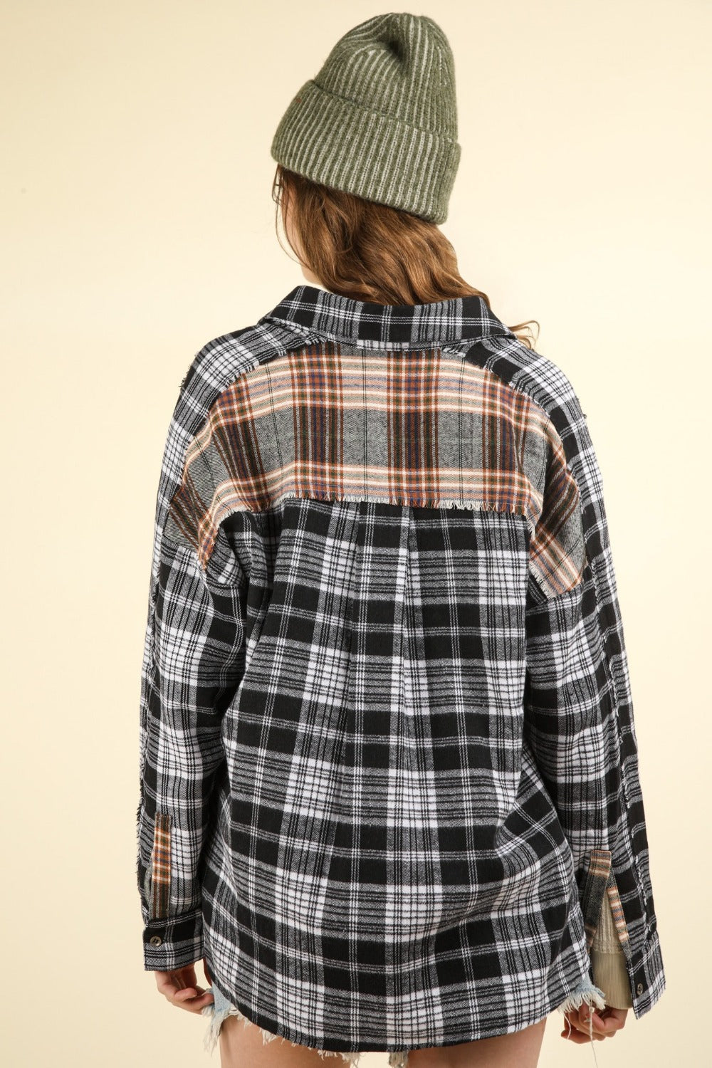 VERY J Contrast Plaid Raw Detail Shirt