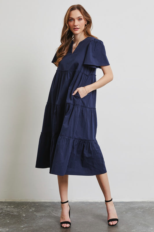 HEYSON Full Size Cotton Poplin Ruffled Tiered Midi Dress