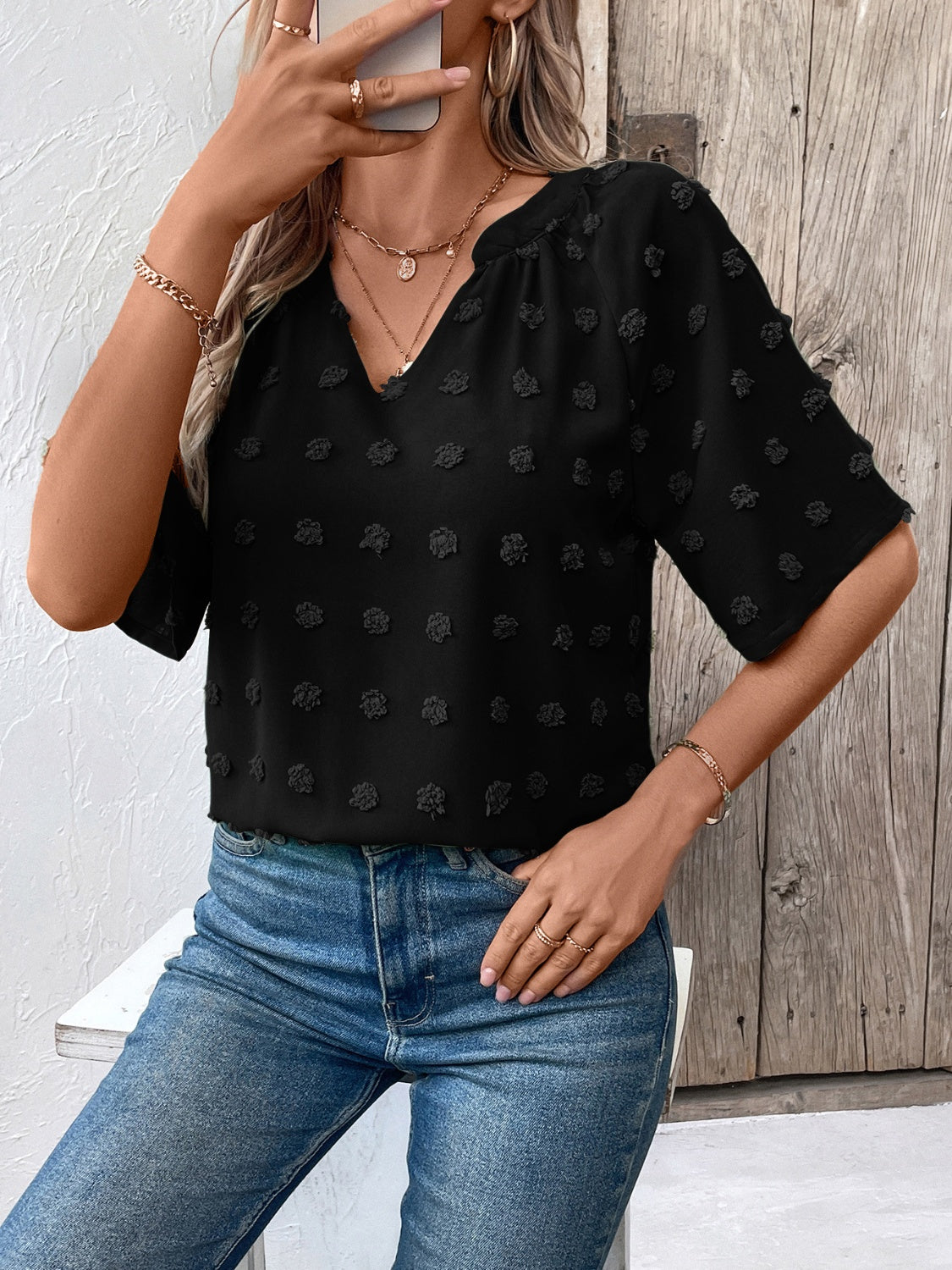 Ivy Lane Swiss Dot Notched Half Sleeve Blouse