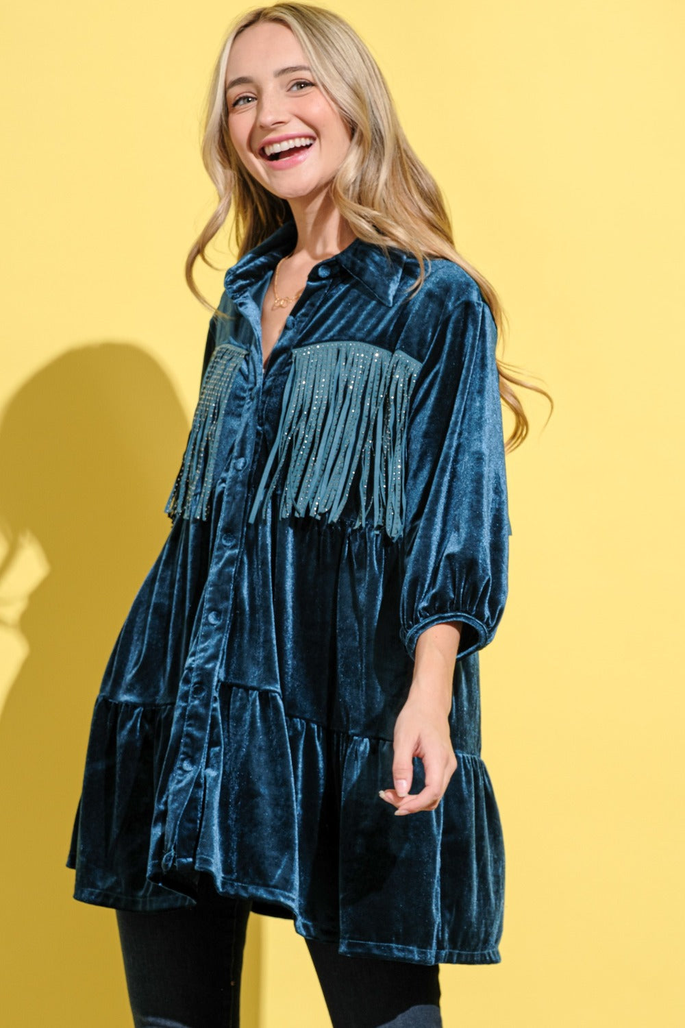 And The Why Fringe Detailed Velvet Shirt Dress