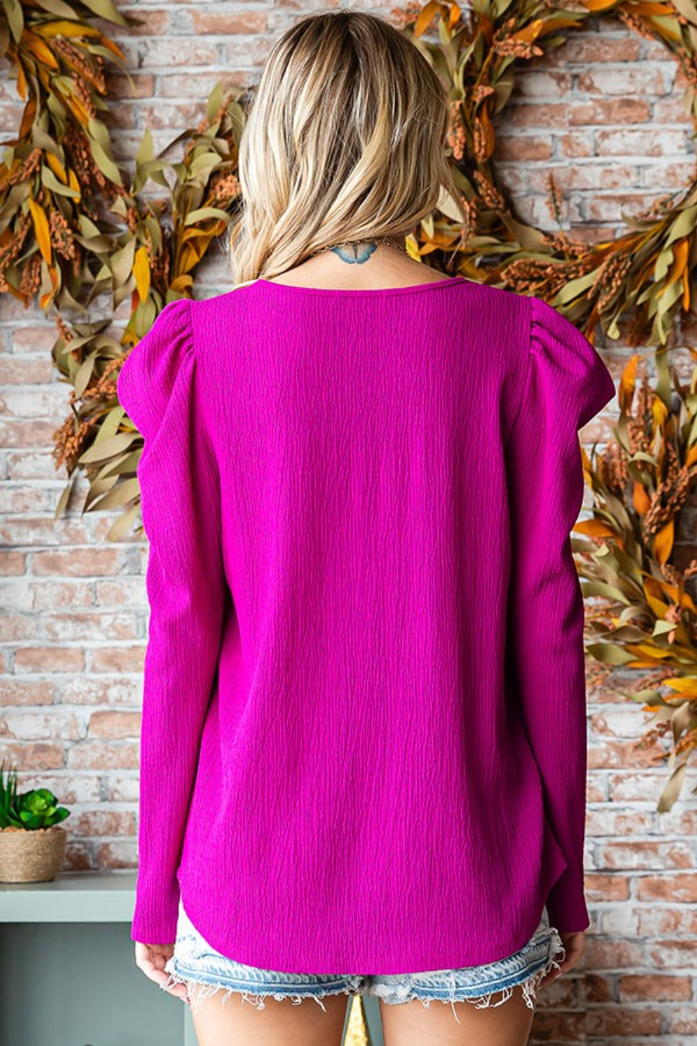 First Love Texture Puff Sleeve Round Neck Blouse