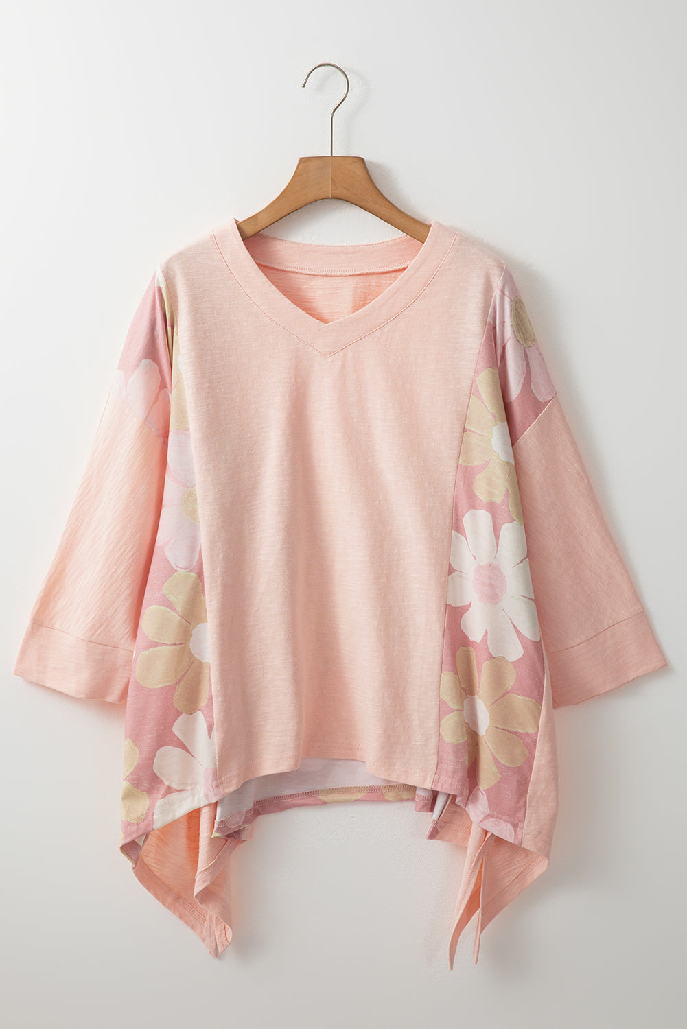 Slit Floral V-Neck Three-Quarter Sleeve Blouse