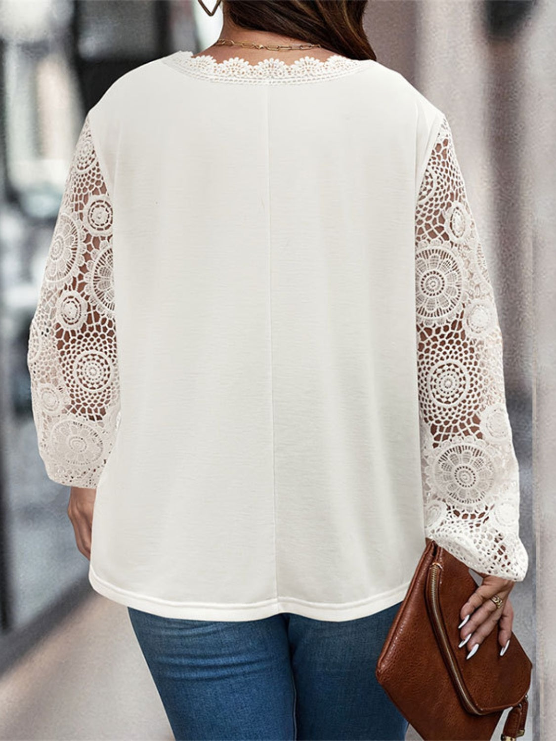 Plus Size Lace Detail V-Neck Long Sleeve T-Shirt