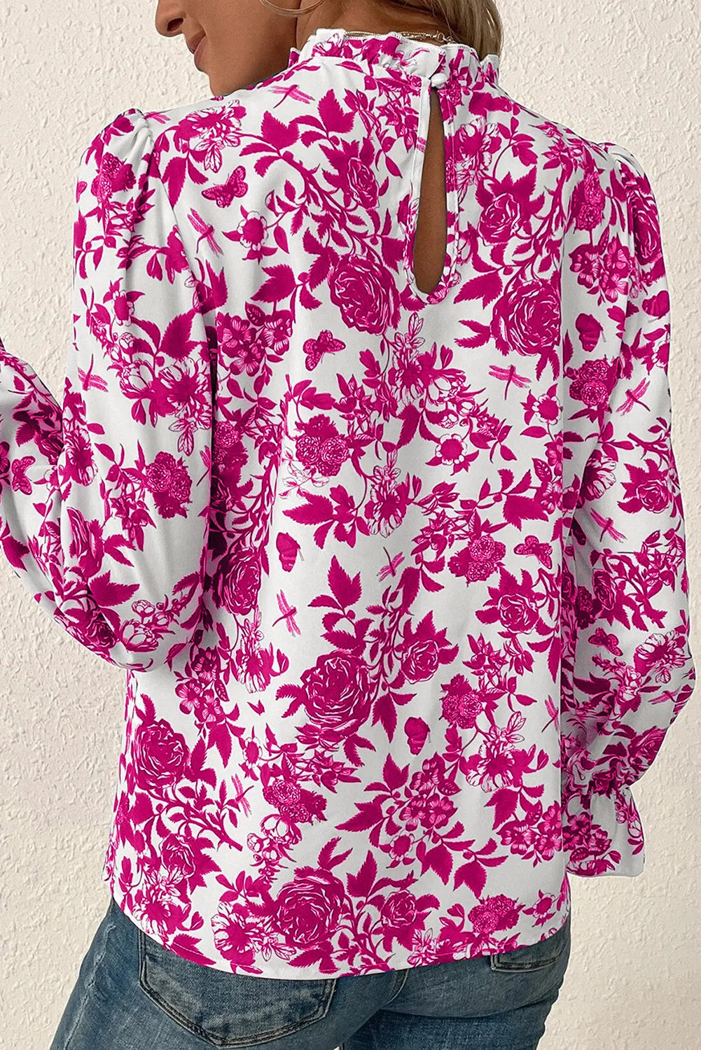 Printed Mock Neck Flounce Sleeve Blouse