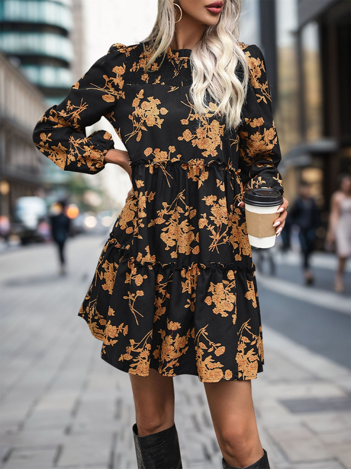 Frill Printed Long Sleeve Mini Dress