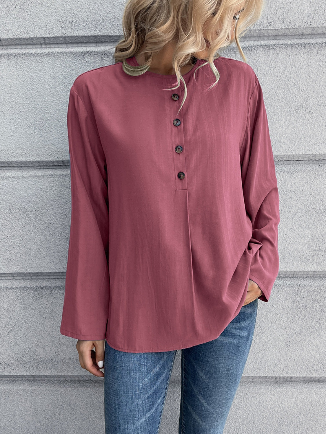 Ivy Lane Half Button Long Sleeve Blouse