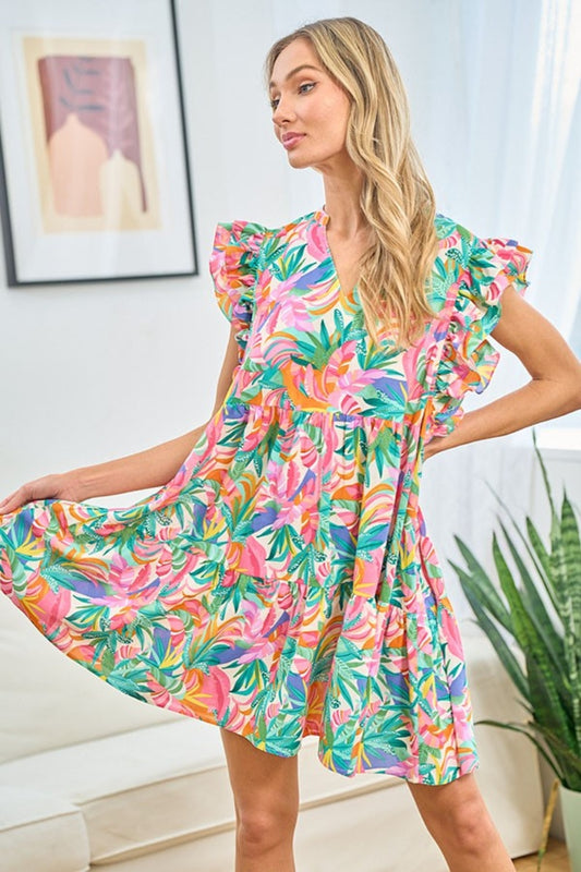 First Love Ruffled Printed Notched Cap Sleeve Dress