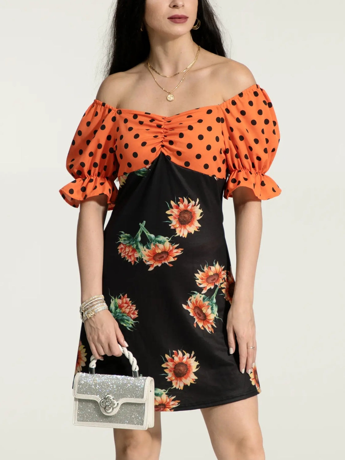 IZURIA Ruched Polka Dot Off Shoulder Mini Dress