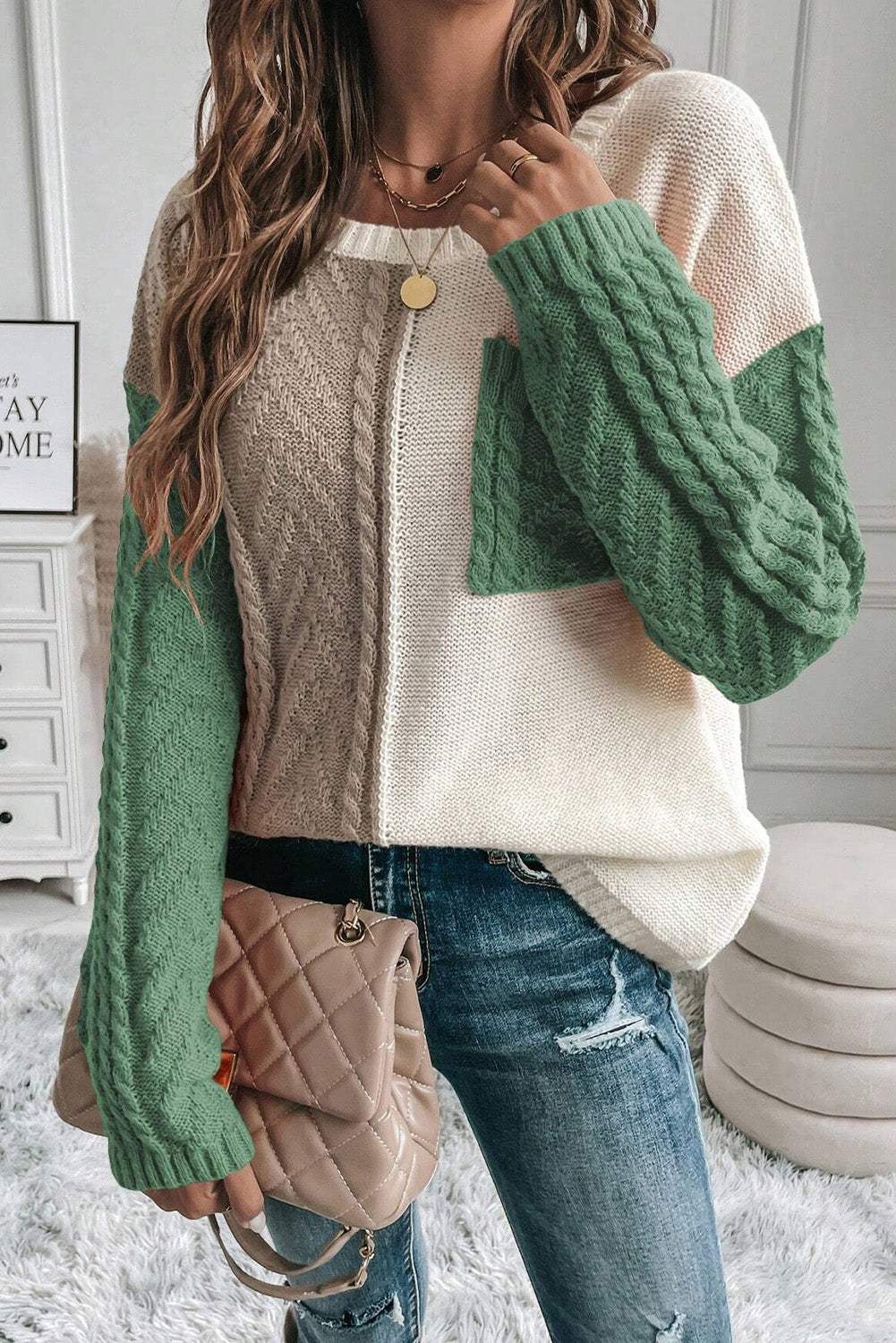 Double Take Full Size Color Block Drop Shoulder Sweater