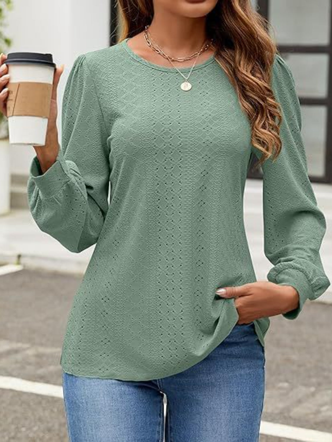 Eyelet Round Neck Long Sleeve Top