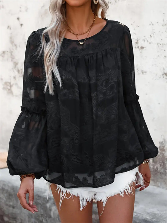 Round Neck Balloon Sleeve Blouse