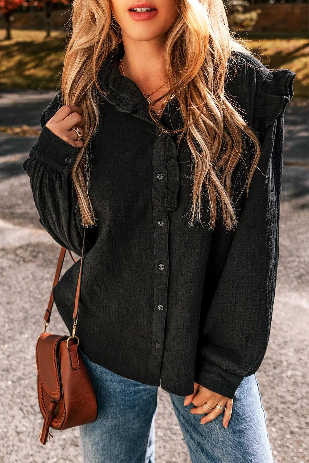 Ruffled Button Up Long Sleeve Shirt