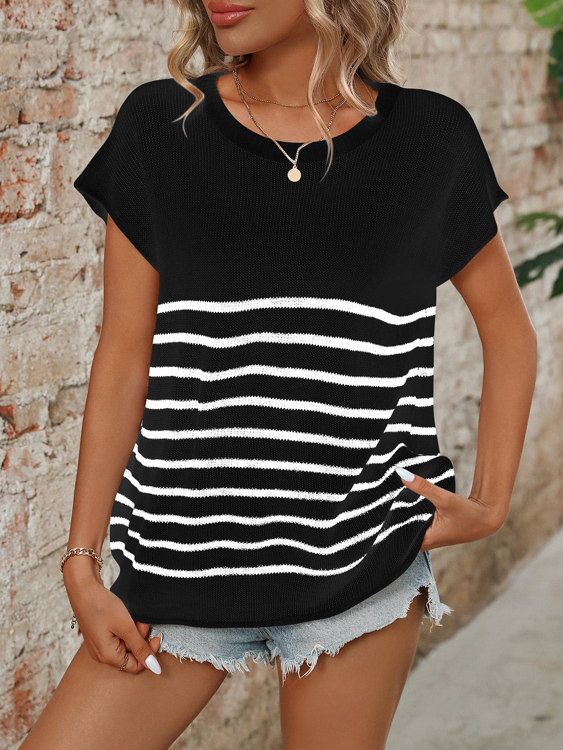 Mandy Striped Round Neck Short Sleeve Knit Top