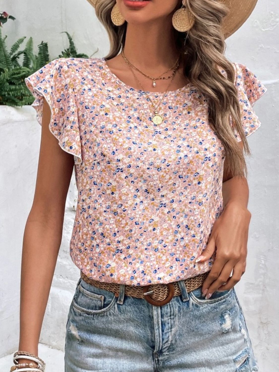 Ditsy Floral Round Neck Cap Sleeve Top