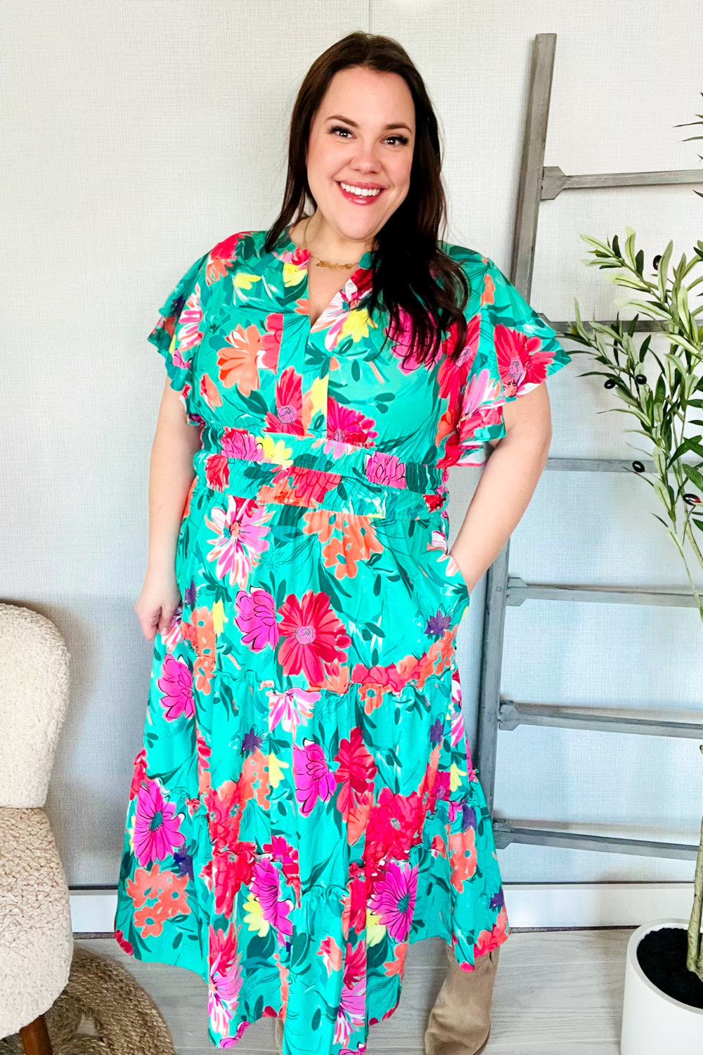 Hello Beautiful Multicolor Tropical Floral Smock Waist Maxi Dress