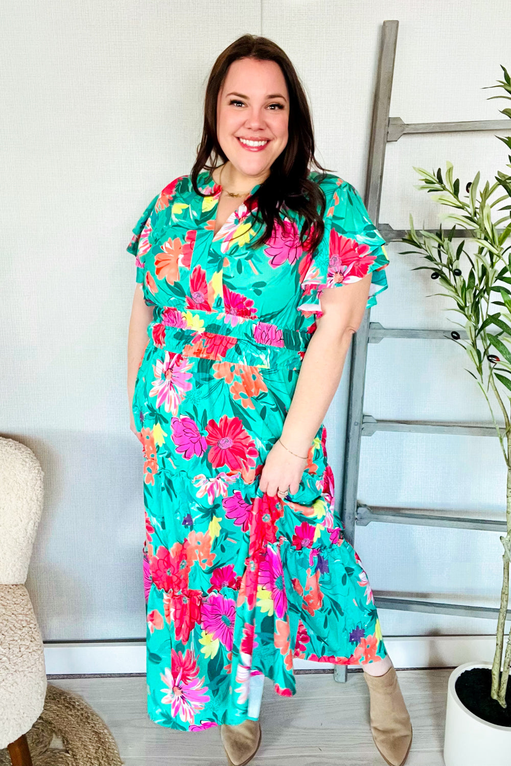 Hello Beautiful Multicolor Tropical Floral Smock Waist Maxi Dress