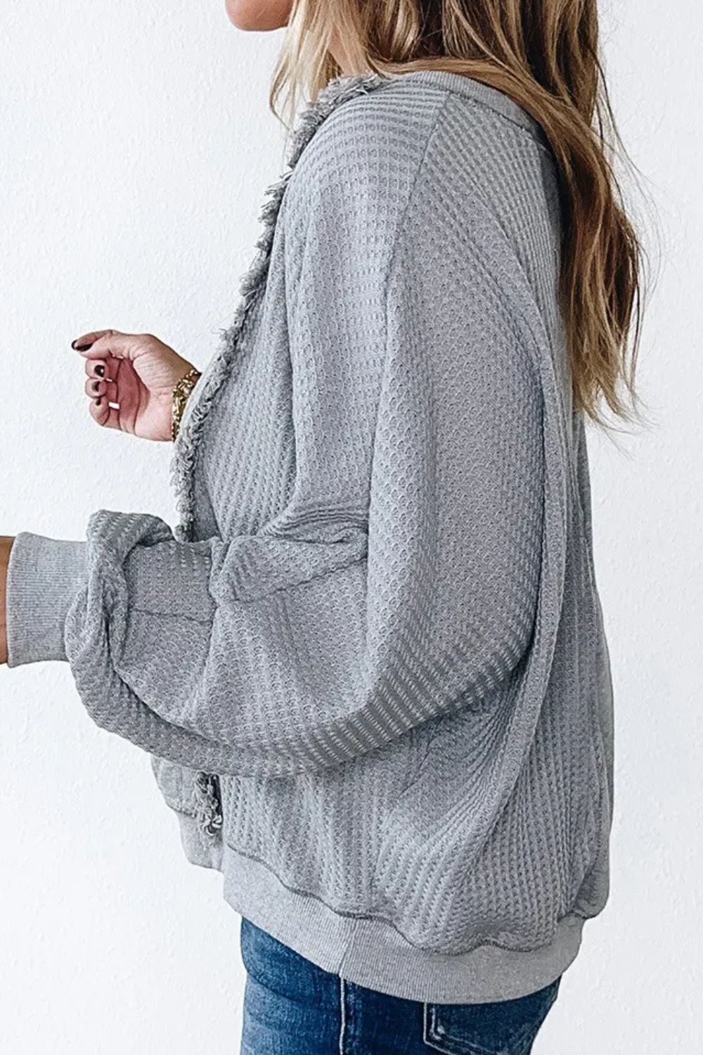 Waffle-Knit Round Neck Long Sleeve Top