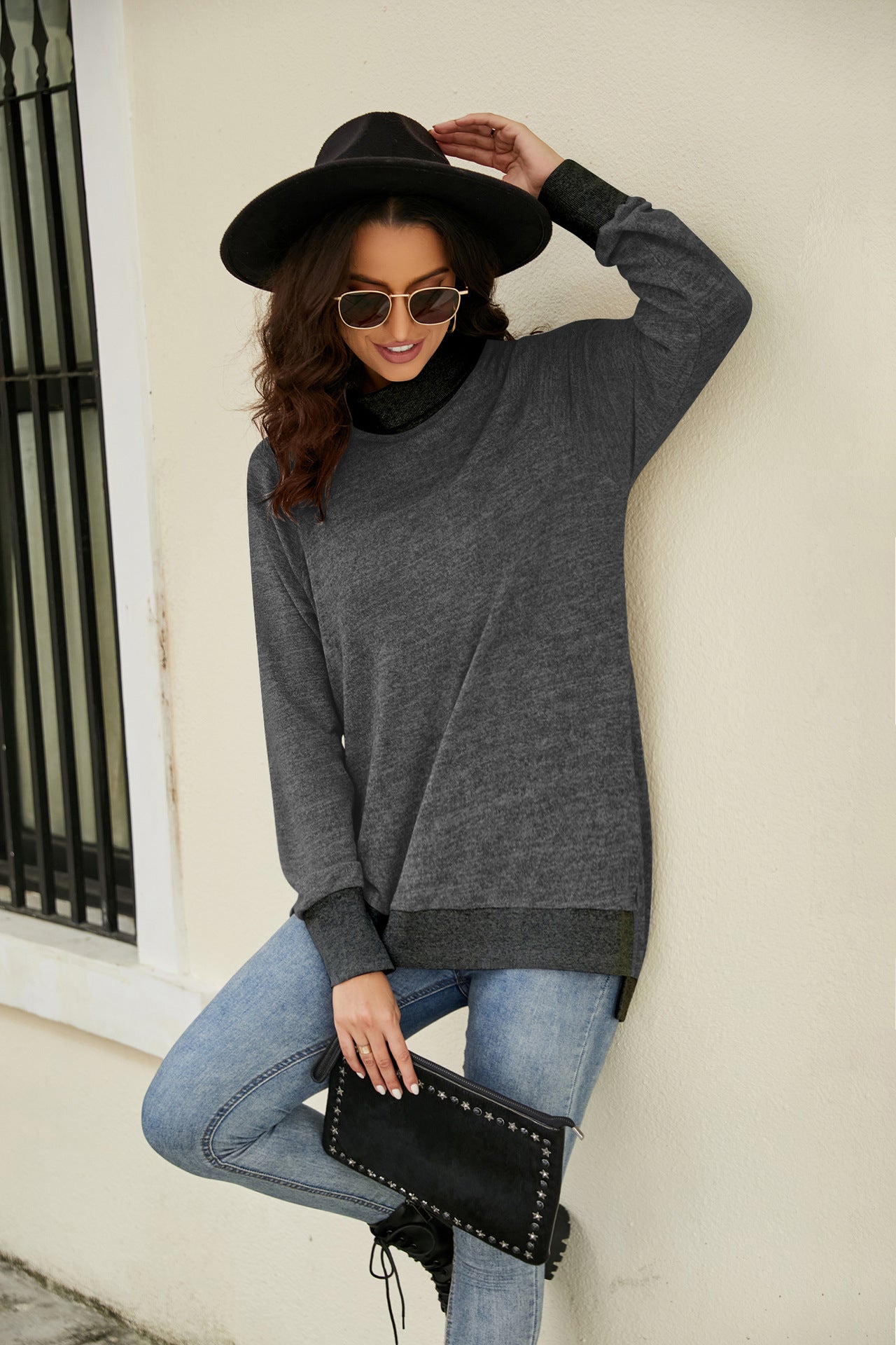 Heathered Slit High-Low Long Sleeve Top