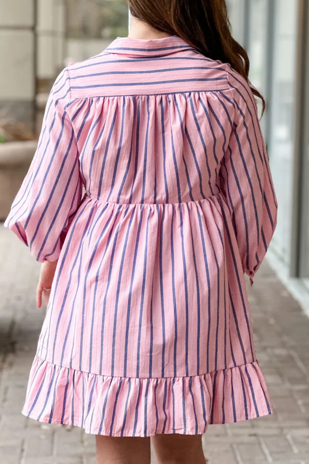 Striped Collared Neck Long Sleeve Mini Shirt Dress