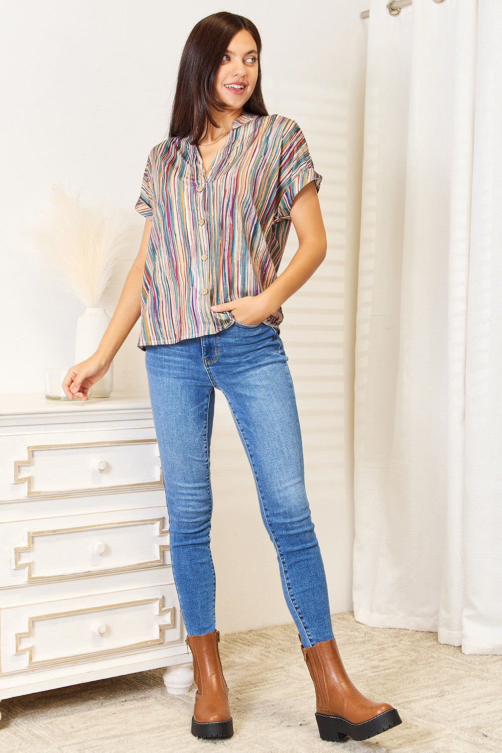 Multicolored Stripe Notched Neck Top