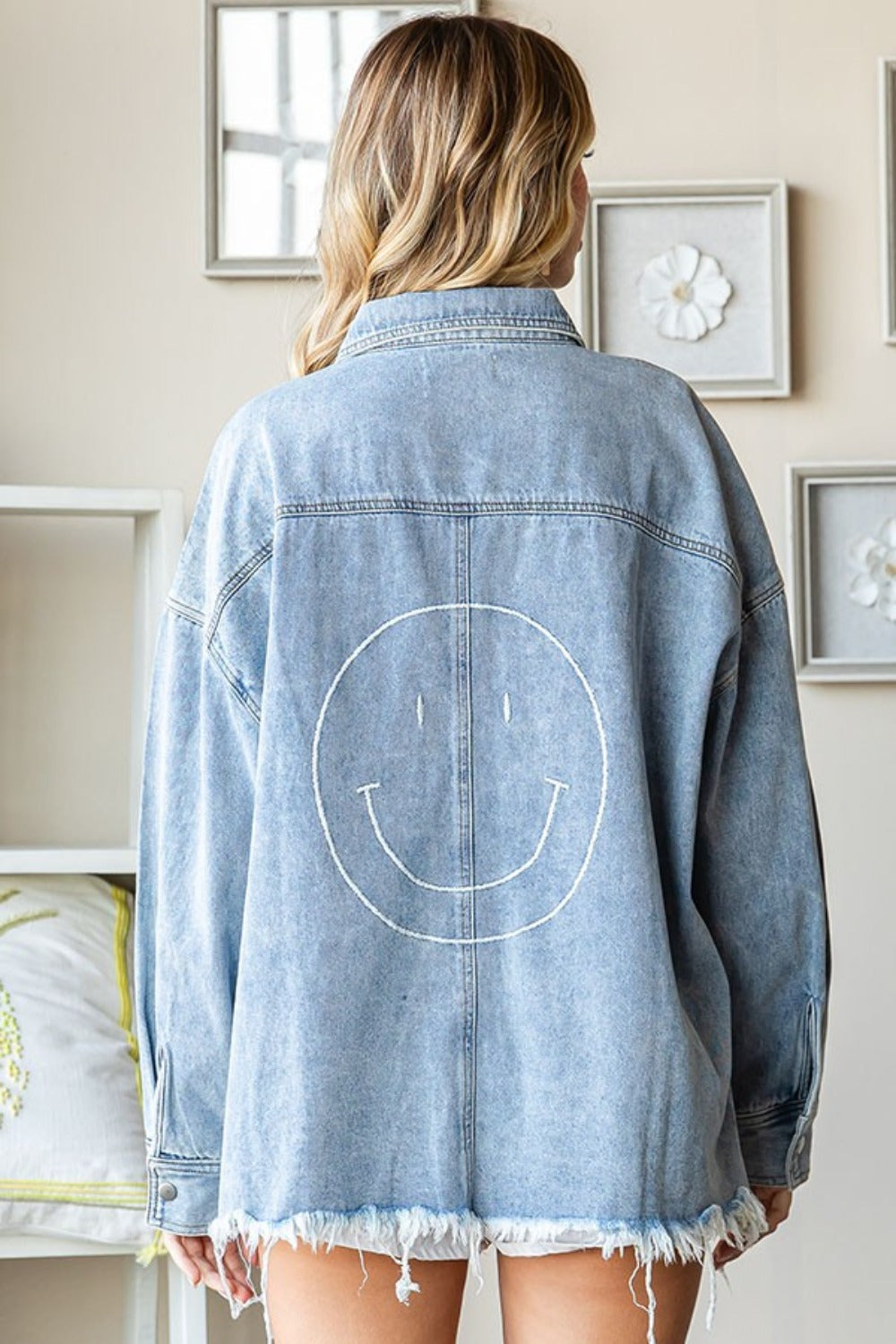 First Love Smile Face Button Down Raw Hem Denim Jacket