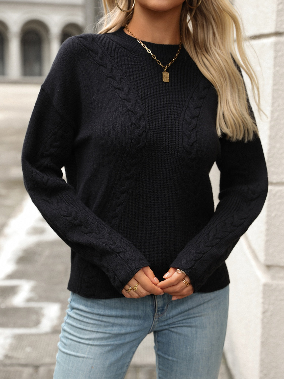 Cable-Knit Round Neck Long Sleeve Sweater