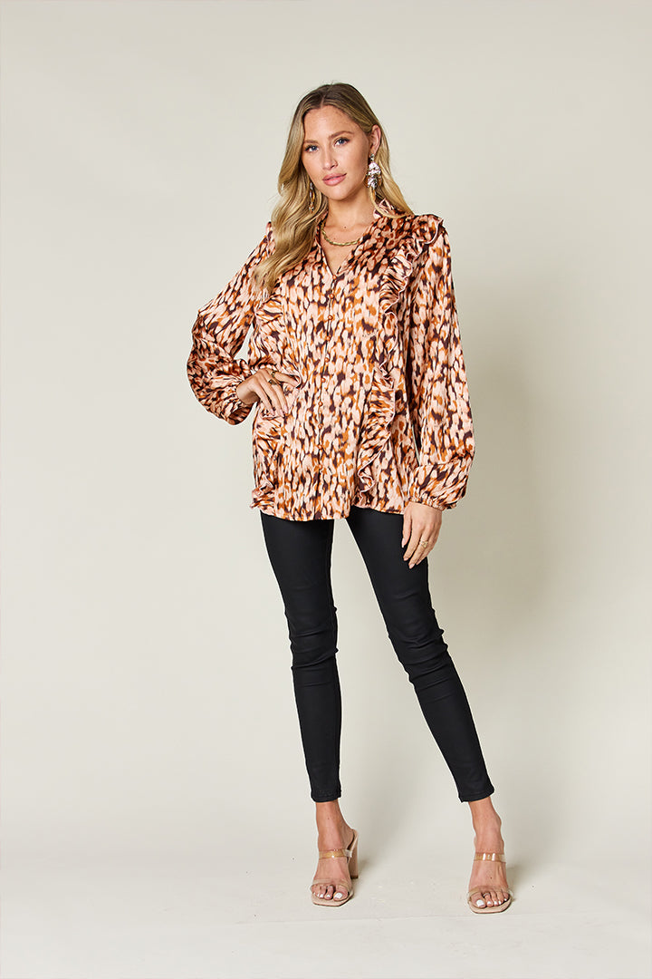 Double Take Full Size Printed Ruffle Trim Balloon Sleeve Shirt