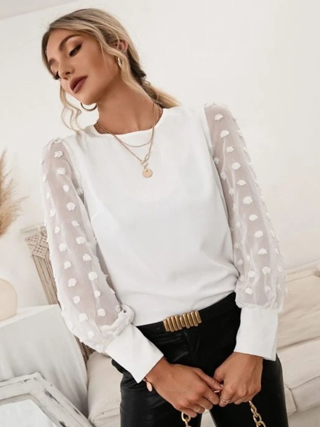 Swiss Dot Round Neck Long Sleeve Blouse