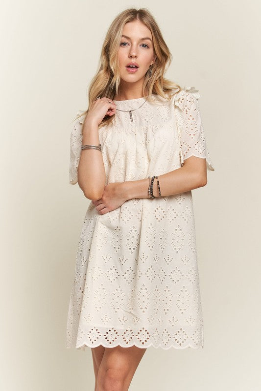 ADORA Ruffled Eyelet Round Neck Dress