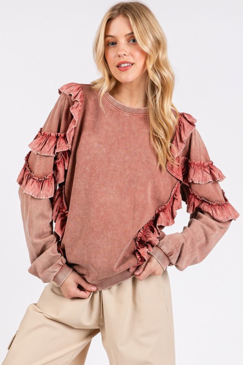 Mittoshop Ruffled Mineral Washed Round Neck Long Sleeve Sweatshirt